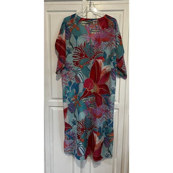 Talbots Kaftan Beach Swim CoverUp Dress Large Sheer Tropical Floral Ocean Maxi - Picture 8 of 11